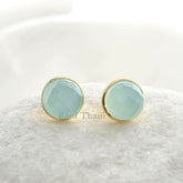 Aqua Chalcedony Earrings, Aqua Chalcedony 9mm Round Faceted 18k Gold Plated 925 Sterling Silver Stud Earrings, Engagement Gift For Her